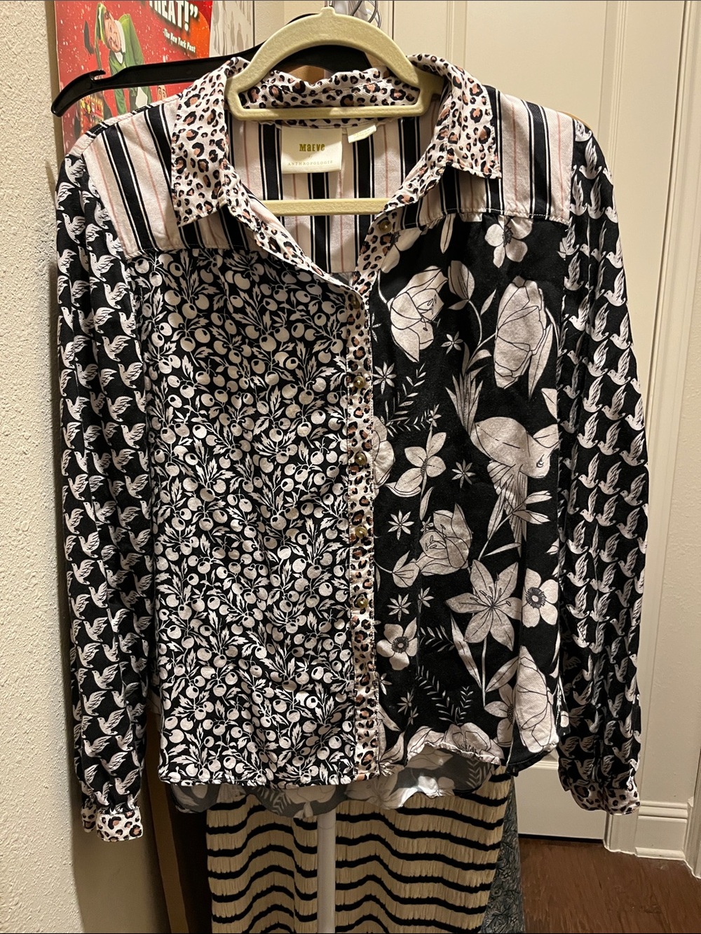 Medium Maeve Black & White & Cream Mixed-Print Button-Up Blouse